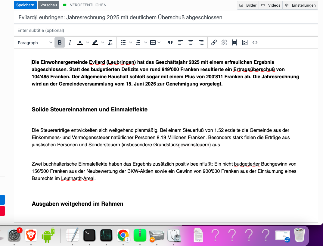 Evilard/Leubringen: Jahresrechnung 2025 mit deutlichem Überschuß abgeschlossen